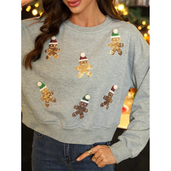 Women's Christmas Sequin Pullover Long Sleeve Festive Ugly Sweatshirt - Picture 6 of 7